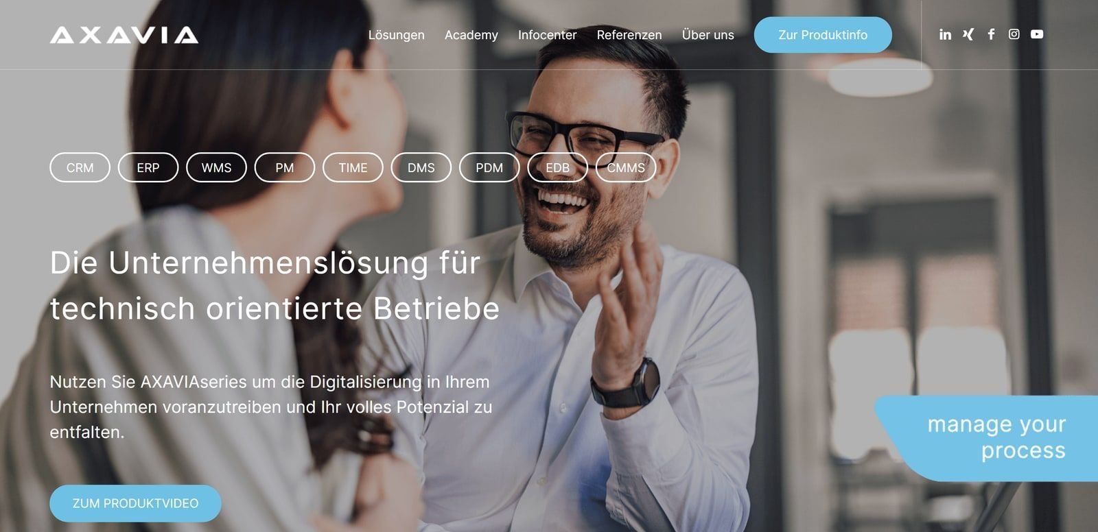 Startseite von axavia.com: die Unternehmenslösung für technisch orientierte Betriebe