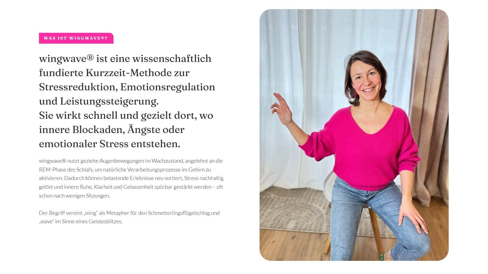 Ausschnitt von elisabethprellinger.com: Abschnitt „Was ist wingwave®?“ mit einem Foto von Elisabeth Prellinger